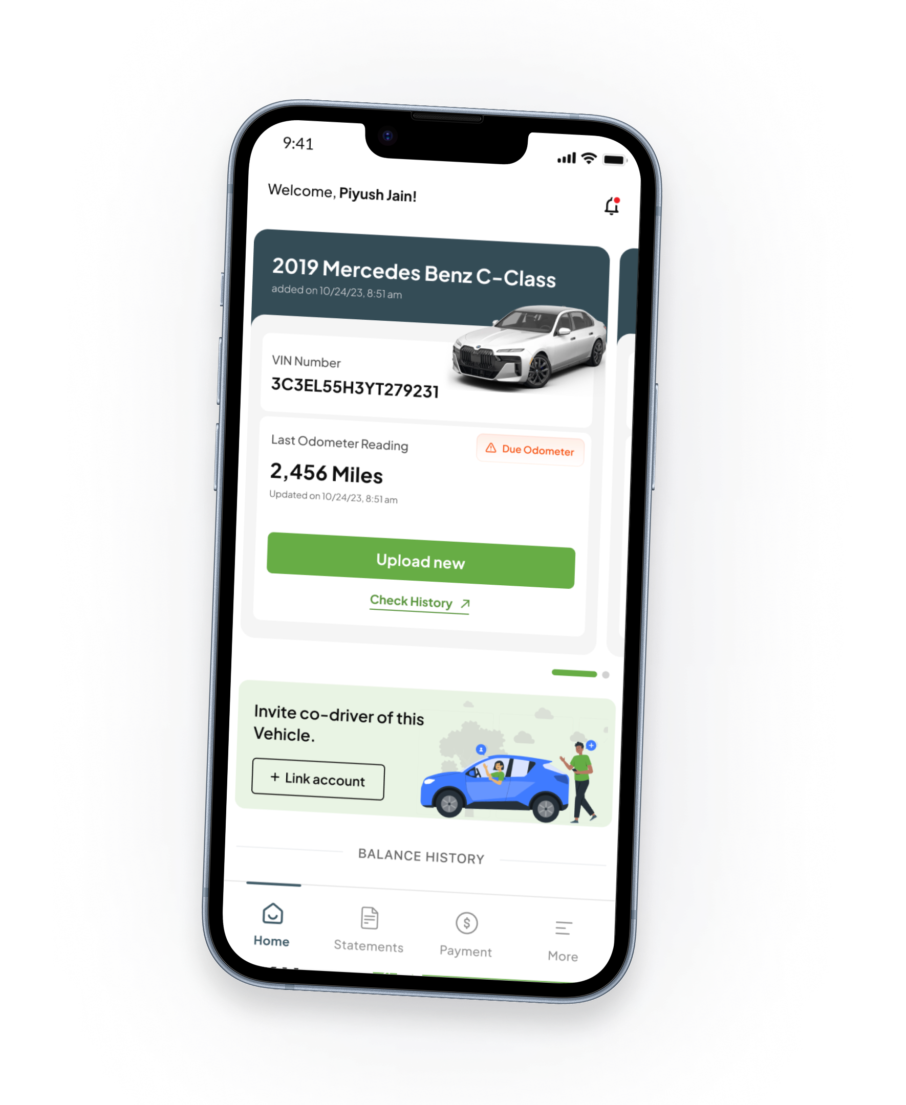 GeoToll mobile app showing vehicle details and odometer reading